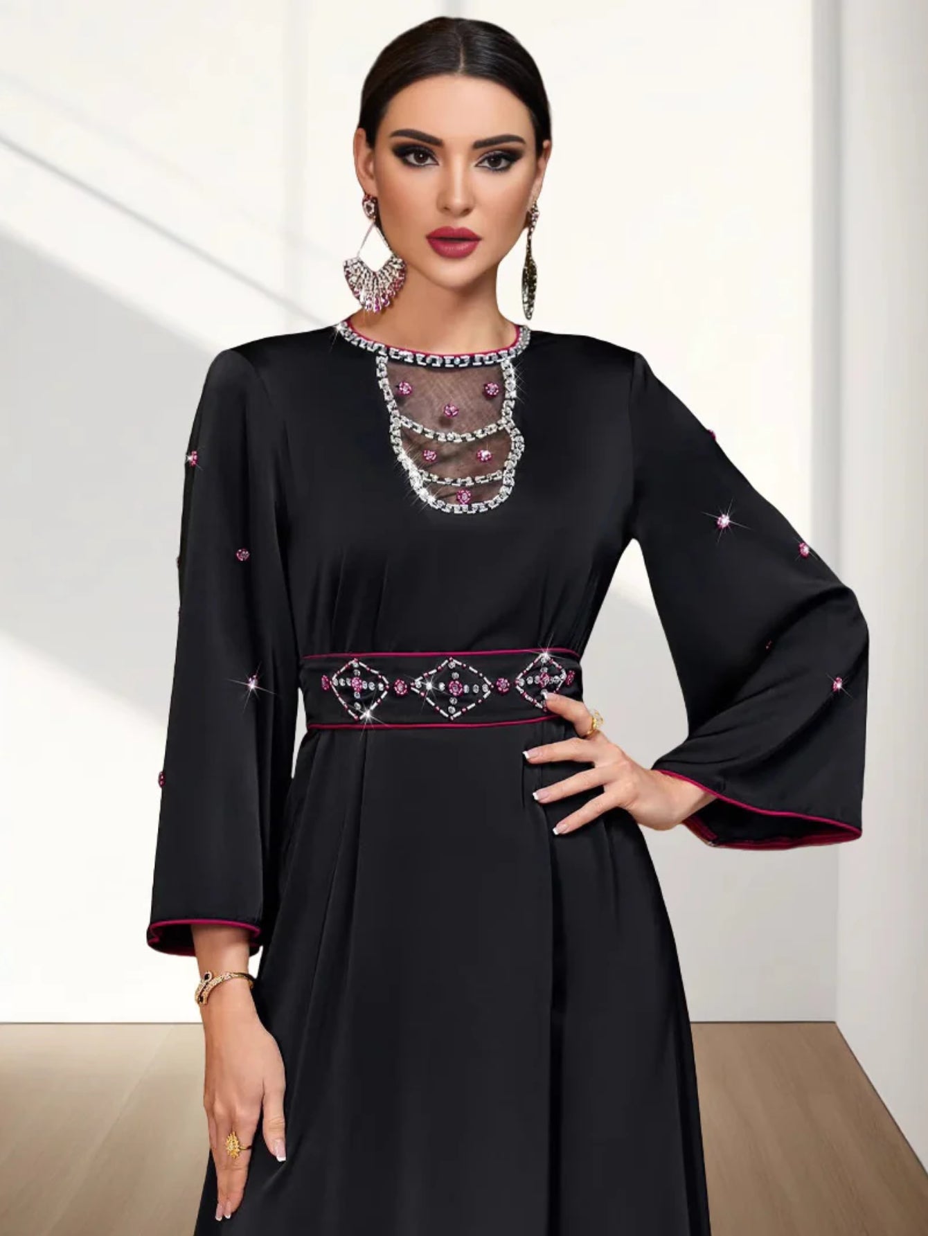 BA4062 Black Satin Splicing Mesh Hollow Collar Rhinestone Dress Robe
