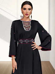 BA4062 Black Satin Splicing Mesh Hollow Collar Rhinestone Dress Robe
