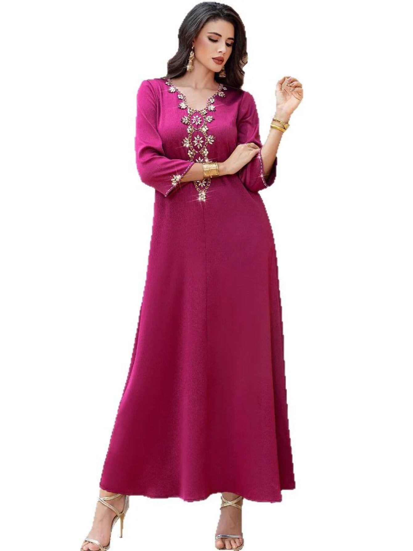 15162 New dragon fruit color Middle East loose handmade embroidered bead robe holiday party dress