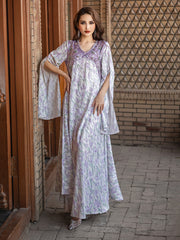 5193Traditional Arabic Embroidered Abaya | Lavender Pearl V-Neck Bell Sleeves Dress for Cultural Evening Wear