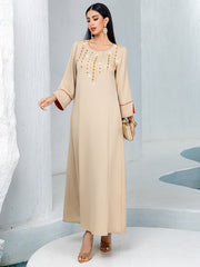 5239Beige Arabic Abaya Dress | Gold Beaded V-Neck Gown with Red Trim & Bell Sleeves for Evening