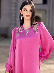 15203 four-season hand-sewn diamond new fashionable loose solid color lantern sleeve dress