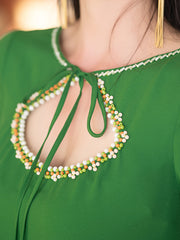 5205 Luxury Emerald Abaya | Hand-Beaded Neckline & Crystal-Trimmed Bell Sleeves