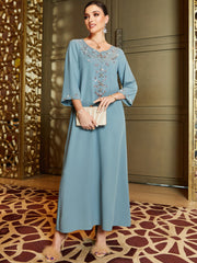 3033 Elegant embroidered diamond-set, light blue mid-eastern wind loose robe dress