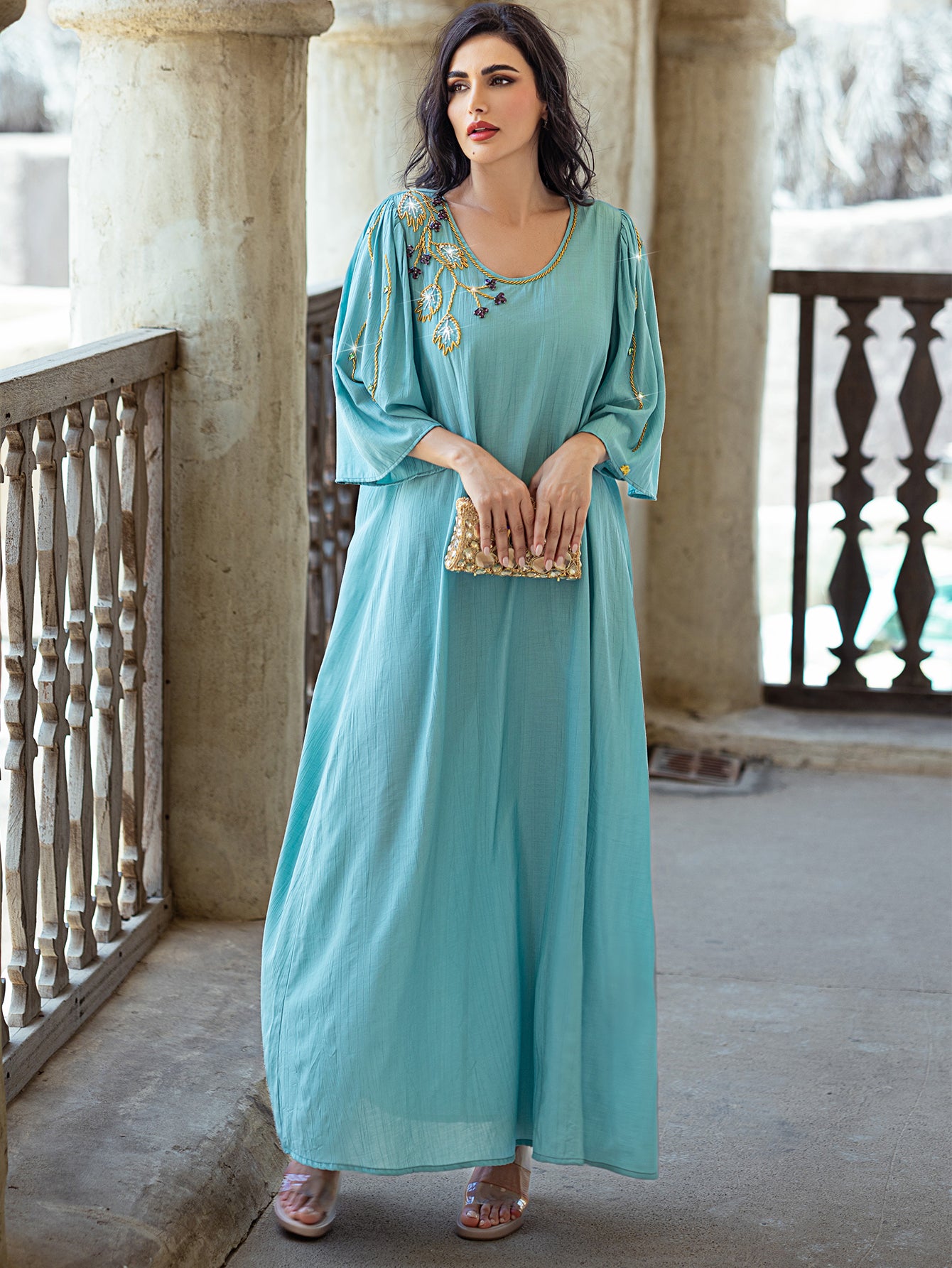 15079 Middle East seven-point flared sleeve women's dress new robe