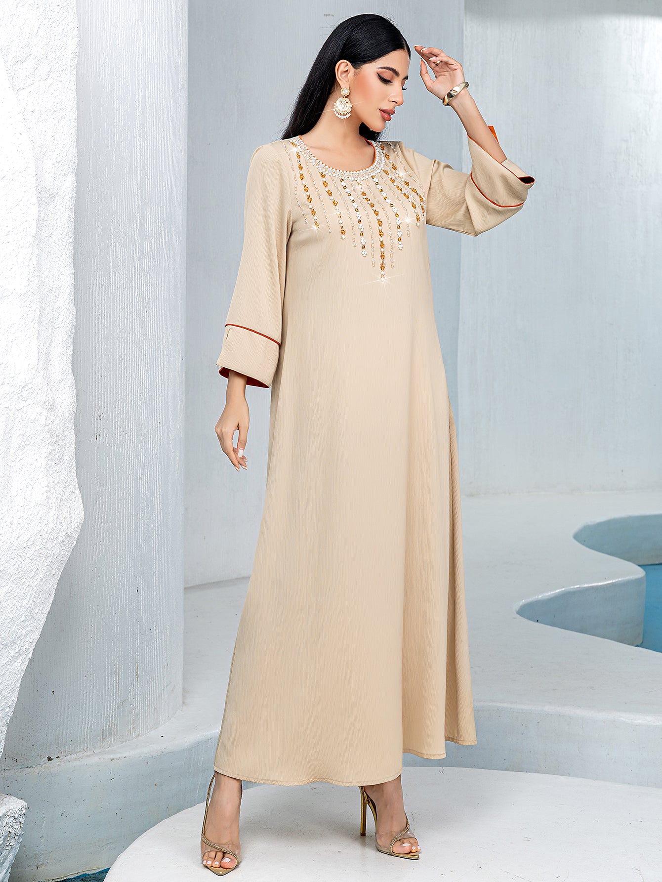 5239Beige Arabic Abaya Dress | Gold Beaded V-Neck Gown with Red Trim & Bell Sleeves for Evening