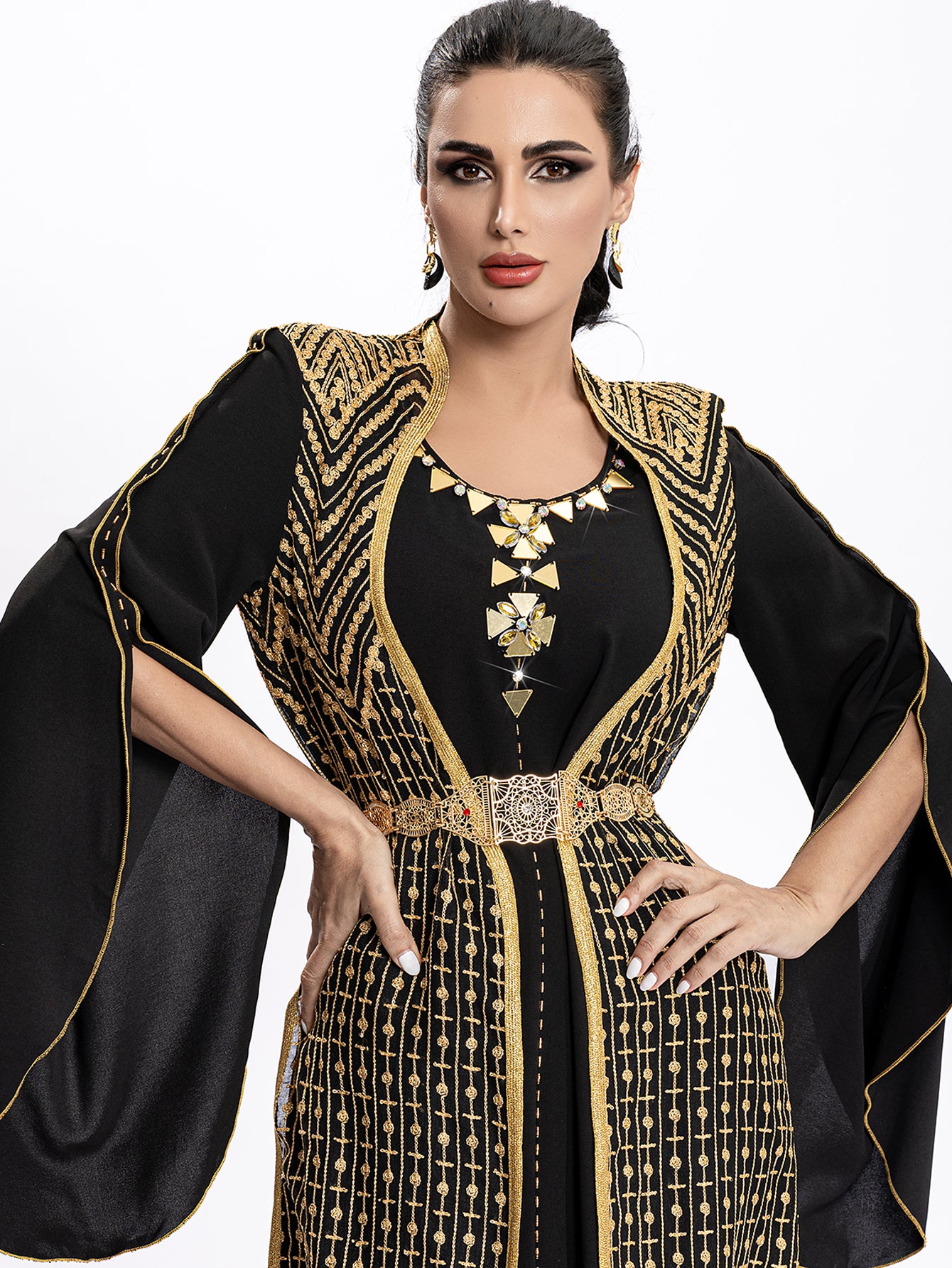 4036 Middle Eastern Style Black Gold Embroidered Pseudotwo-Piece Maxi Dress - Flared Sleeves Belted Elegant Gown