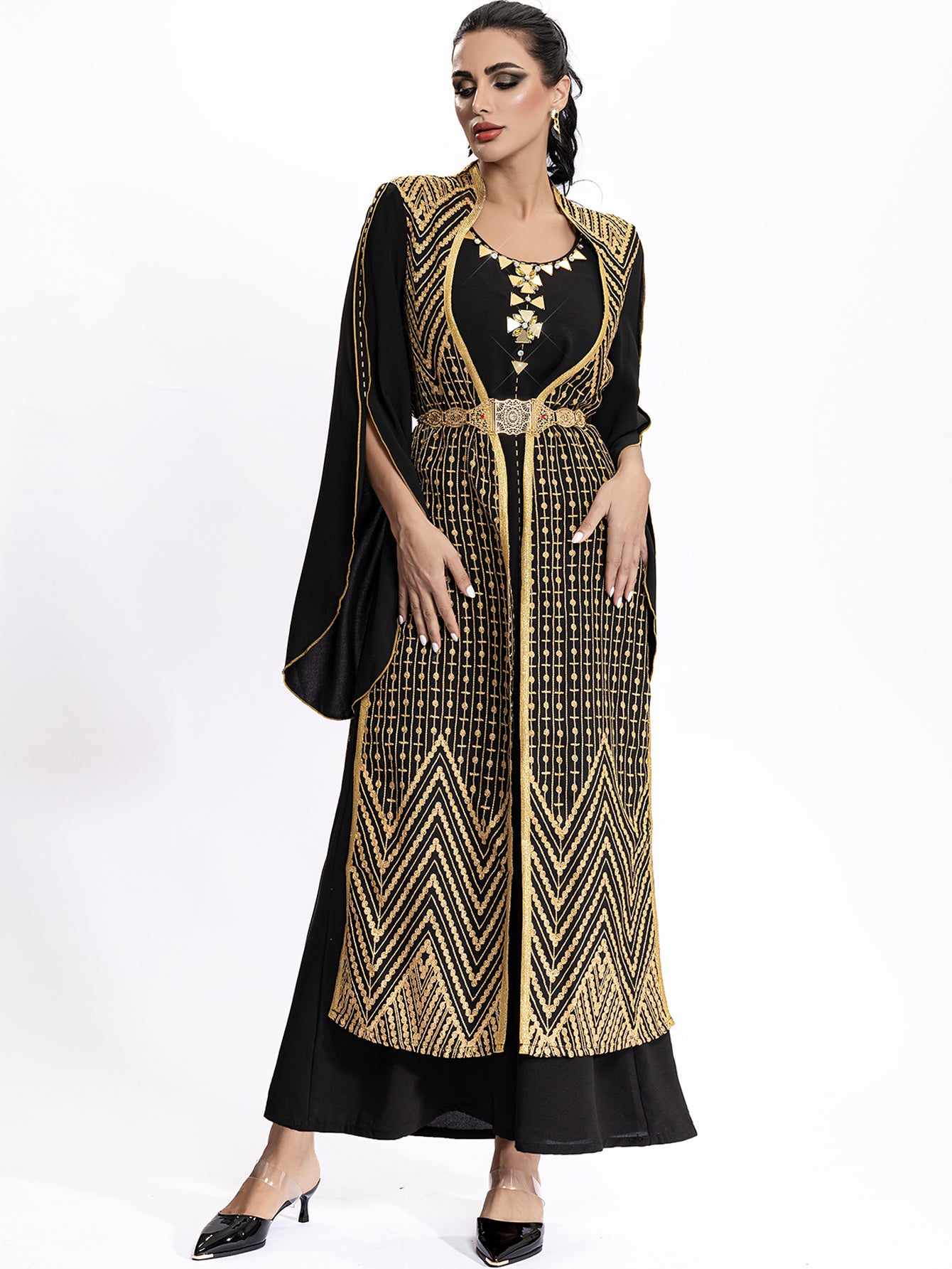 4036 Middle Eastern Style Black Gold Embroidered Pseudotwo-Piece Maxi Dress - Flared Sleeves Belted Elegant Gown