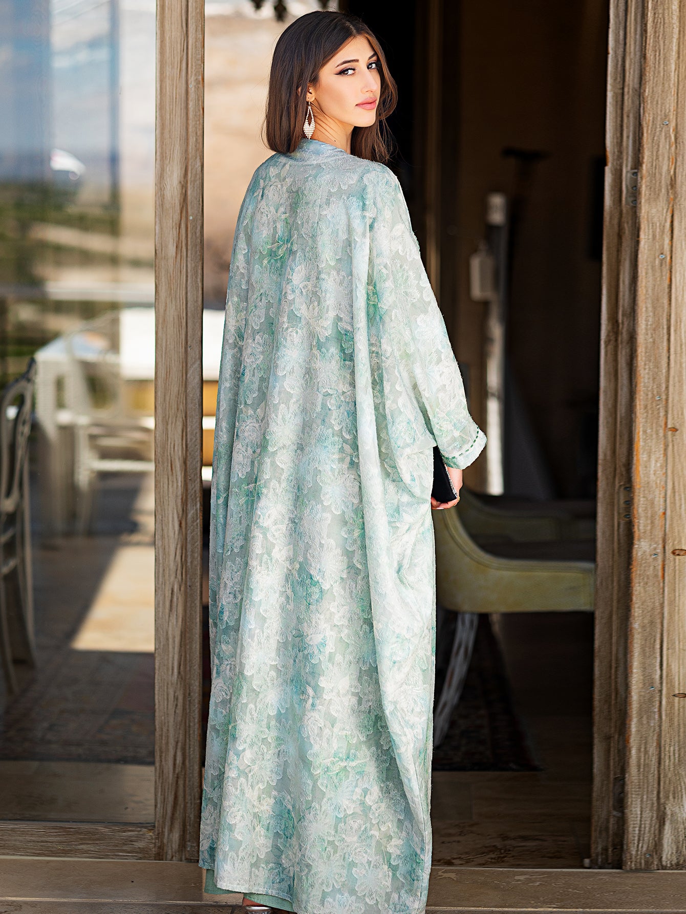 15042 Vintage Elegant Abaya   | Light Green Floral Body, Diamond and Bead Edges Show Style