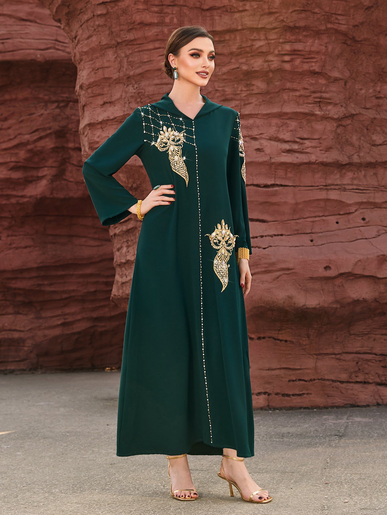 4061 Middle Eastern Style Dark Green Hooded Gold Embroidered Sequin Long Sleeve Maxi Dress - Elegant Sparkling Long Gown