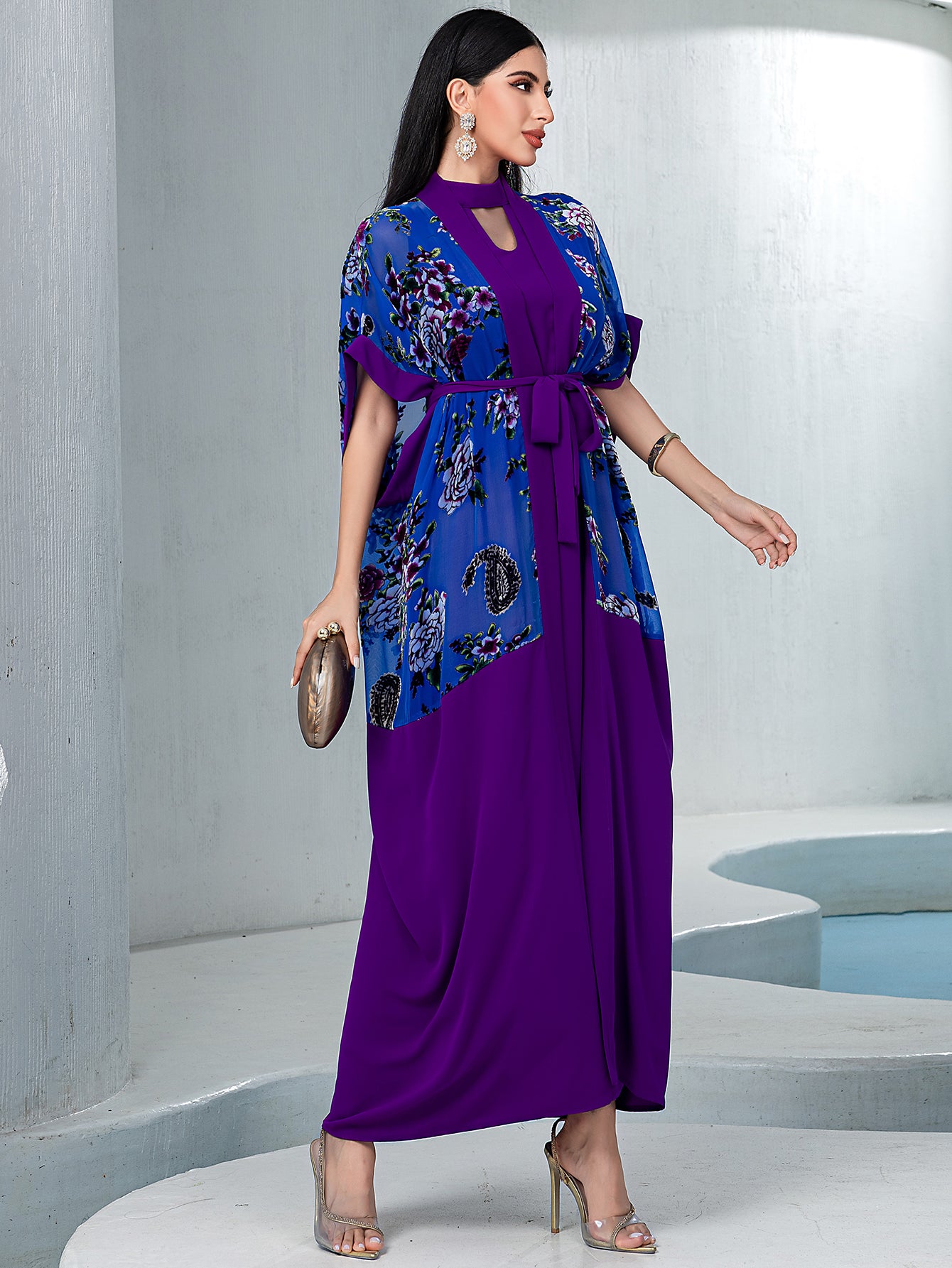 5142Two-Piece Purple & Blue Embroidered Dress Set | Floral Overlay Top with Beaded V-Neck & Slimming Belt