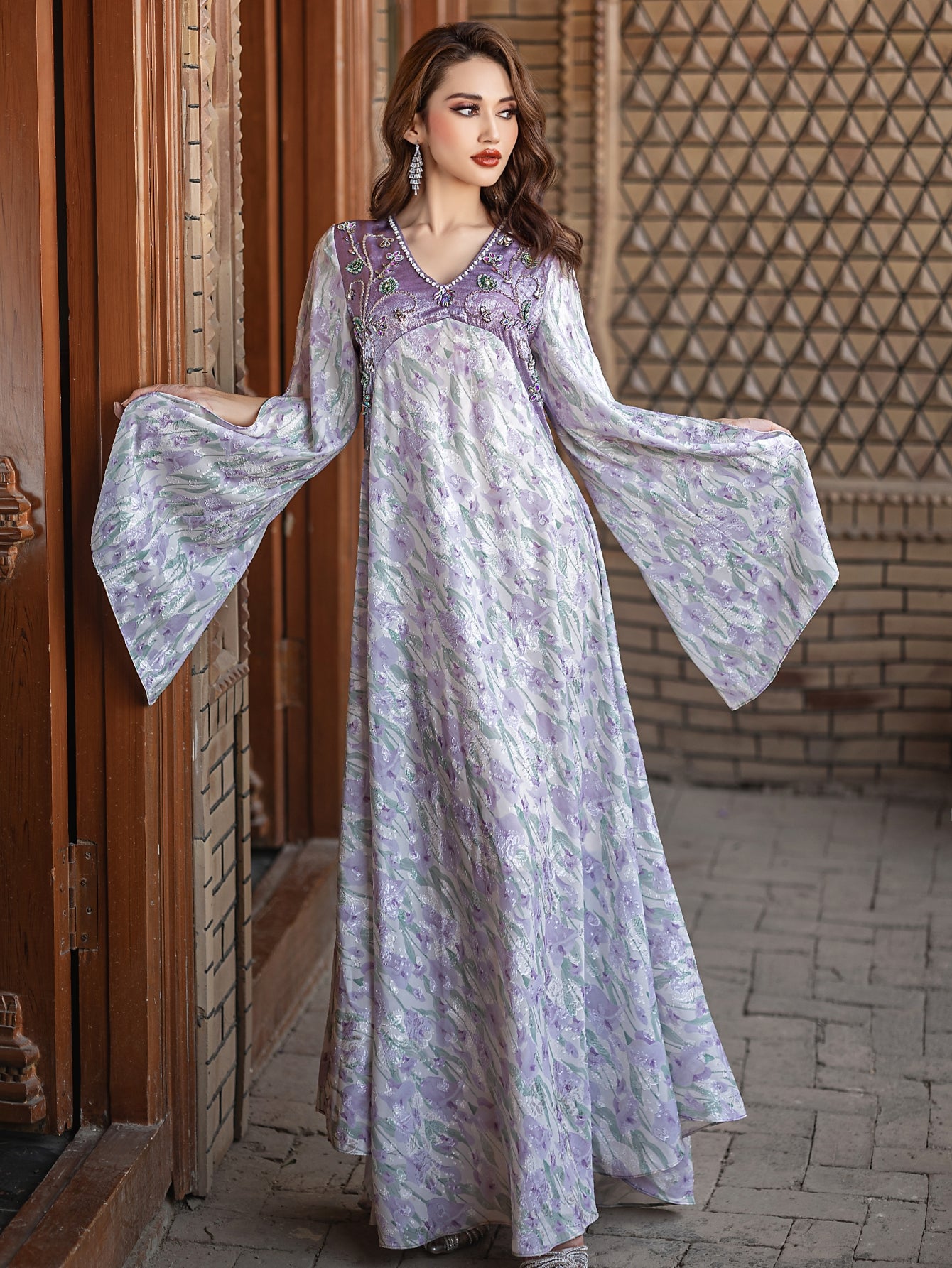 5193Traditional Arabic Embroidered Abaya | Lavender Pearl V-Neck Bell Sleeves Dress for Cultural Evening Wear