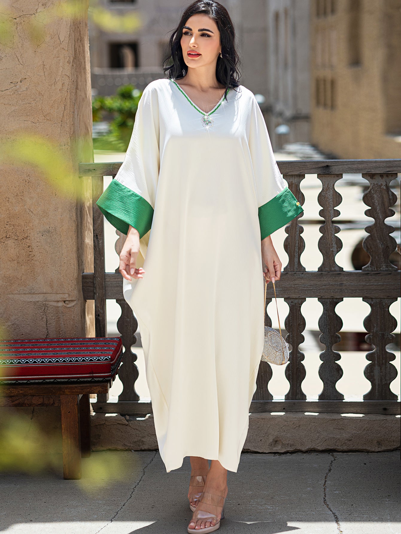 15078 new color matching v-neck dress, light, cool, soft and breathable casual long dress for women