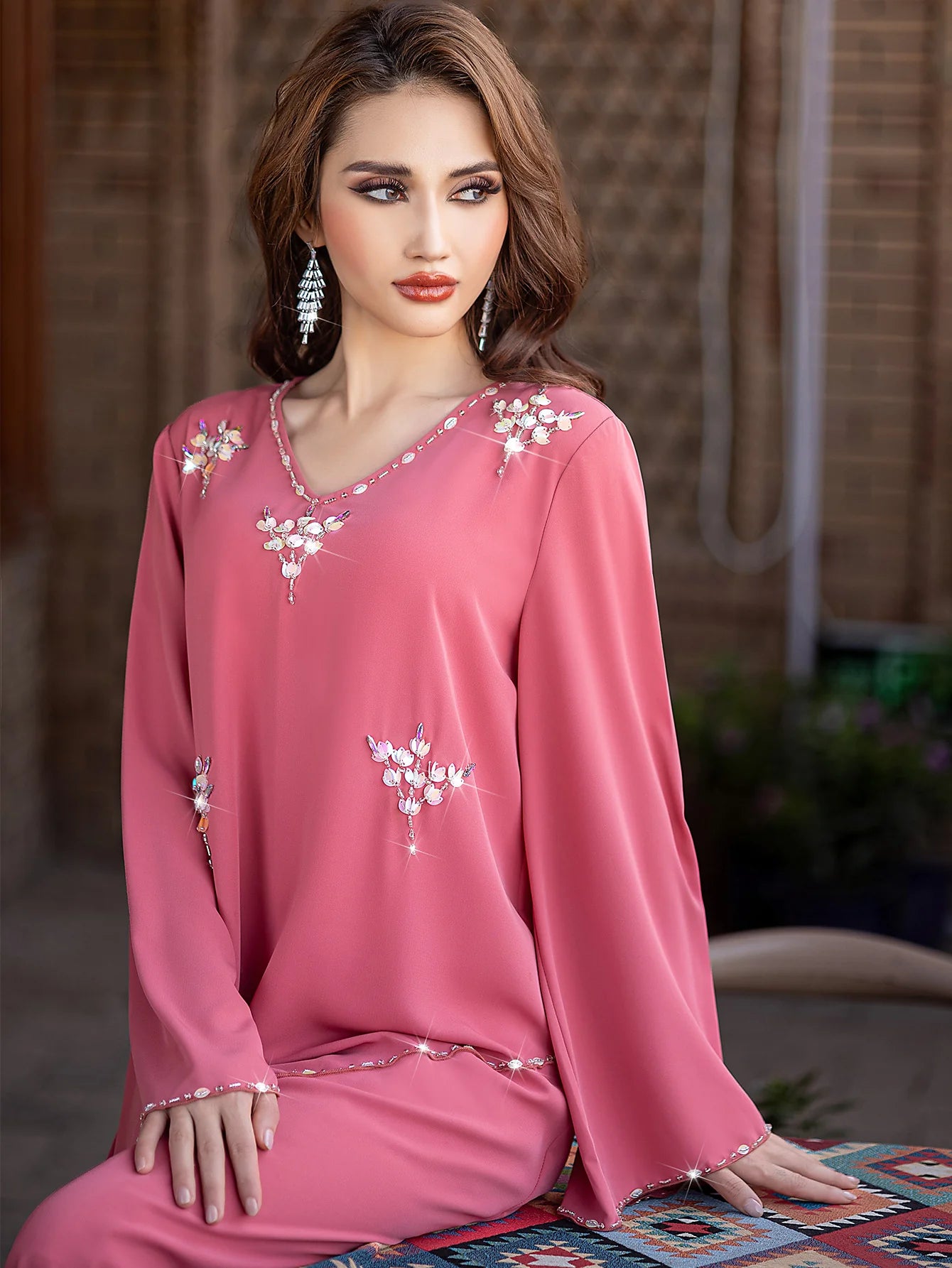 15196 Dubai, Saudi Arabia Fashion Handmade Nailed Diamond Dress, Summer Chiffon Robe Middle East Women's Clothing