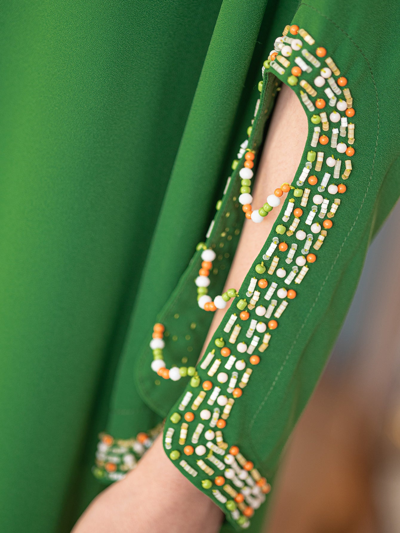 5205 Luxury Emerald Abaya | Hand-Beaded Neckline & Crystal-Trimmed Bell Sleeves