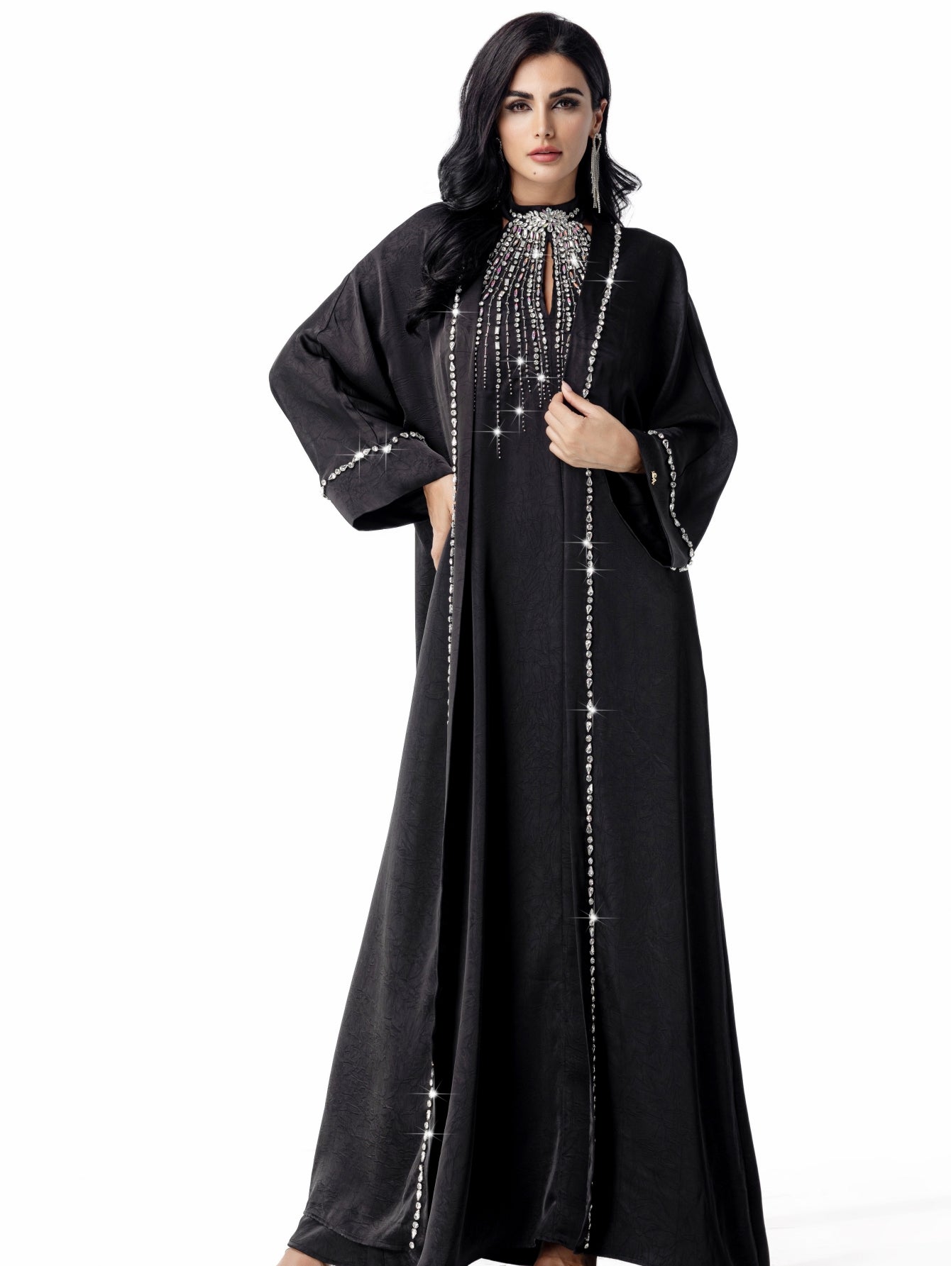 15113 black two-piece arabic robe, Middle Eastern kaftan fashion hand-sewn diamond dress skirt