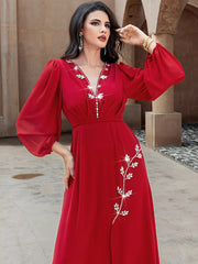 15175 Hot Sale New Hand Sewn Drilled Deep V Sexy Front Split Dress Middle East Fashion Spot Women