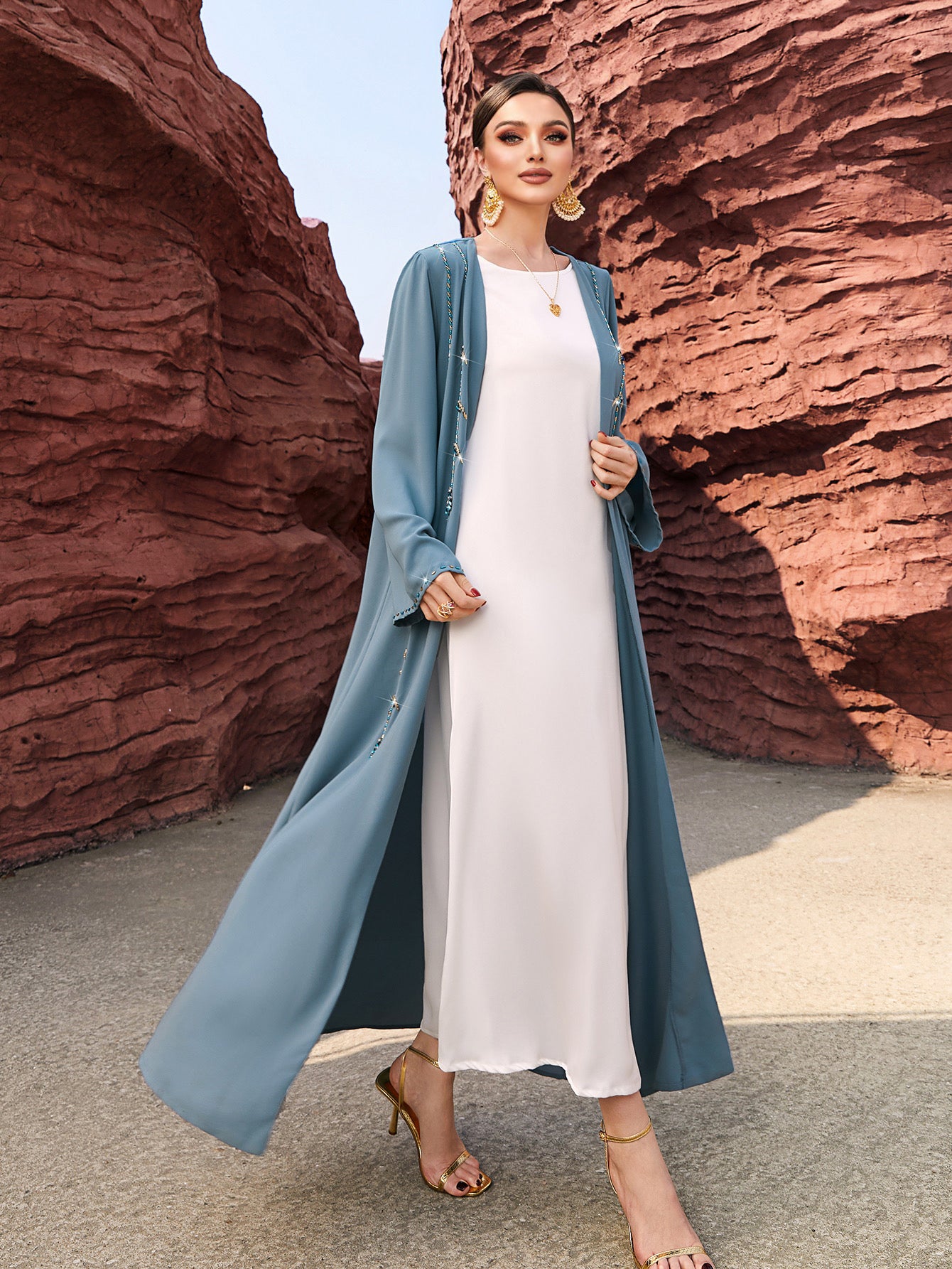 4015 Middle Eastern Style Light Blue Beaded Embellished Open Front Maxi Dress - Elegant Long Abaya Outerwear