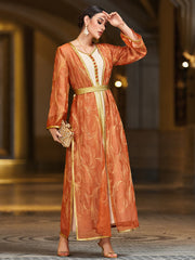 4103 Middle Eastern Style Orange Gold-Trimmed Printed Long Sleeve Belted Two-Piece Maxi Dress - Elegant Contrast Decorated Gown