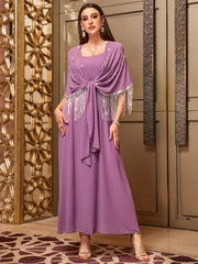 4020 Middle Eastern Style Purple Sparkling Embellished Tassel Maxi Dress - Elegant Fringed Flowy Long Gown