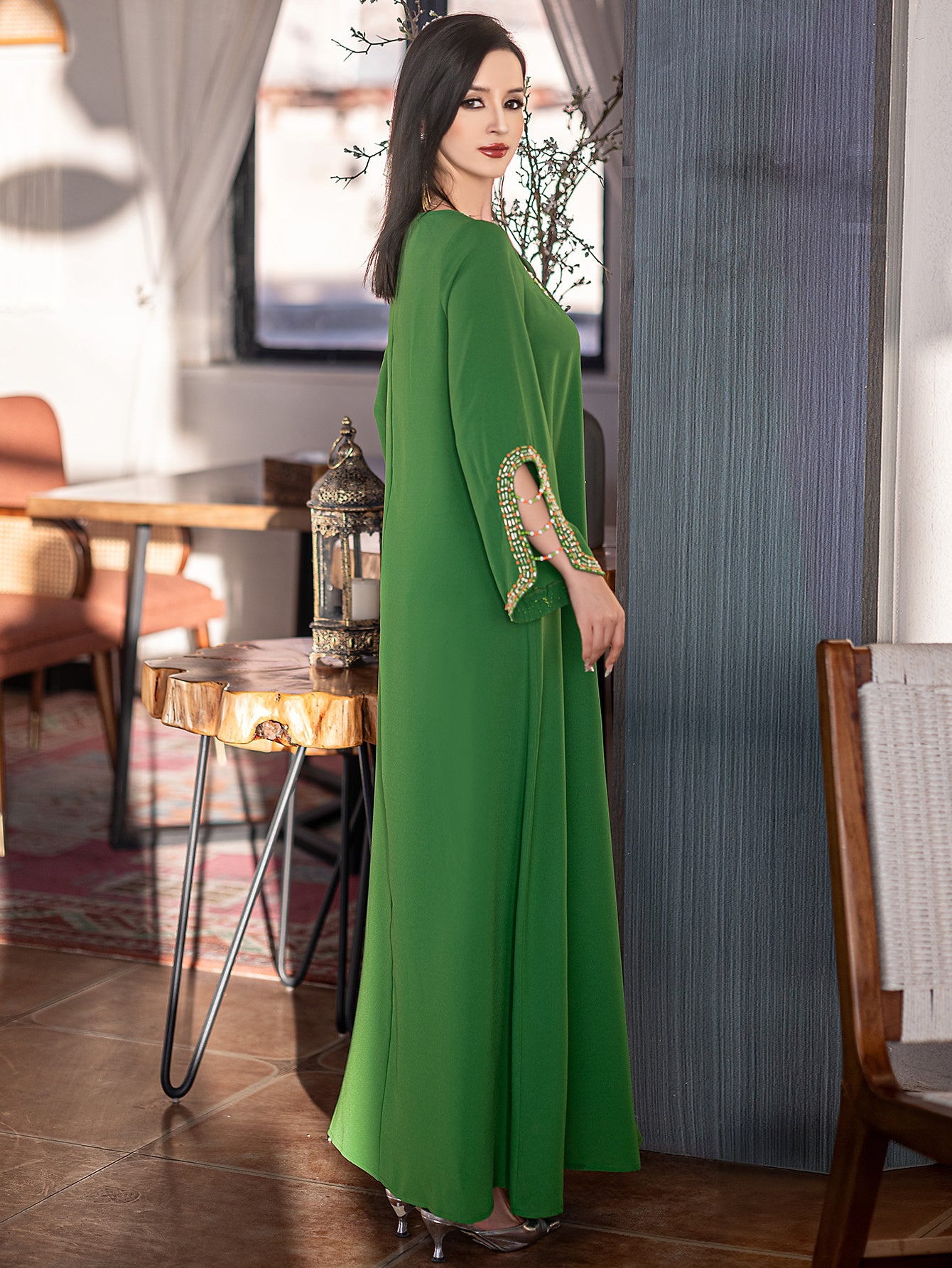 5205 Luxury Emerald Abaya | Hand-Beaded Neckline & Crystal-Trimmed Bell Sleeves