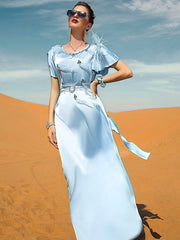 BA7039 light blue satin ruffle edge feather dress, hand-sewn diamond Muslim style spot, women's belt