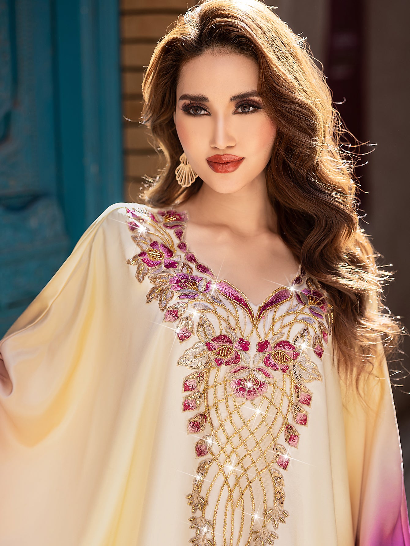5208Arabic Ombre Abaya Dress | Gold Embroidery V-Neck Gown for Evening Events