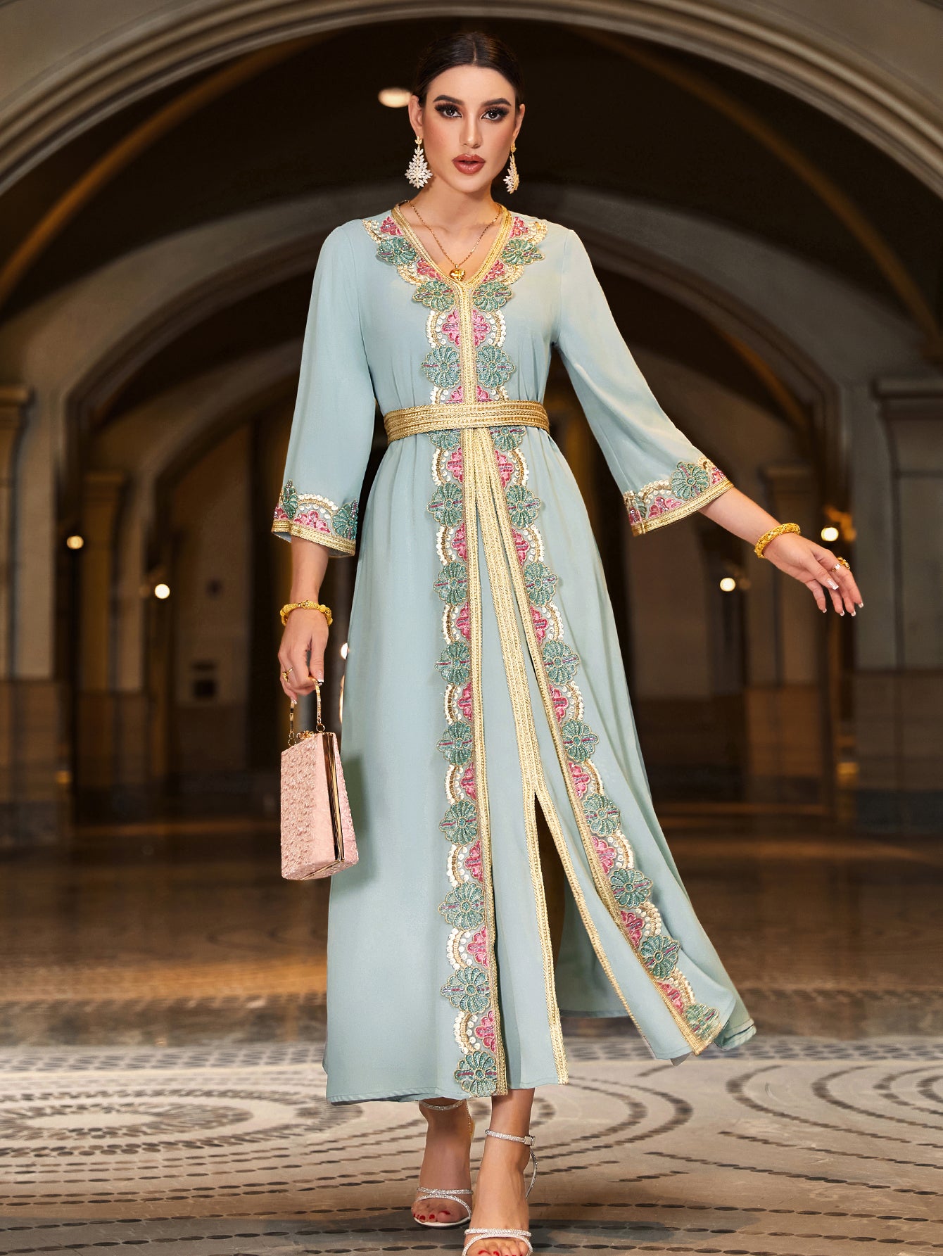 4066 Hand-Swen Bead Embellshments Rhinestone Long Abaya,  Elegant Rmantic Glamorous Vacation Fantasy Short Sleeve