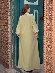 15214 Olive Green Beaded Abaya Dress | V-Neck Design with Delicate Bead Chains, Showcasing Gentle Elegance