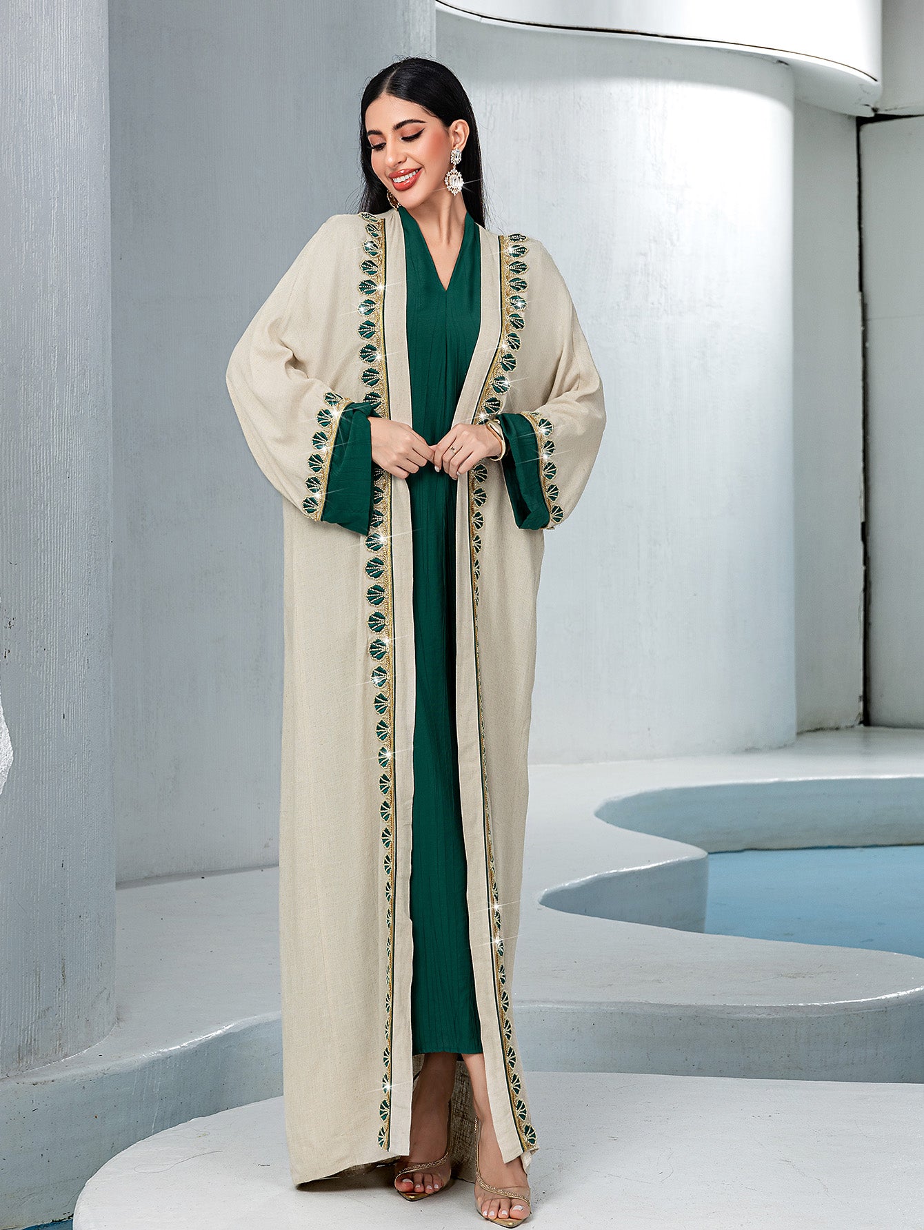 15233 Reversible Gradient Open Abaya  Elegant Long-Sleeve Modest Cardigan