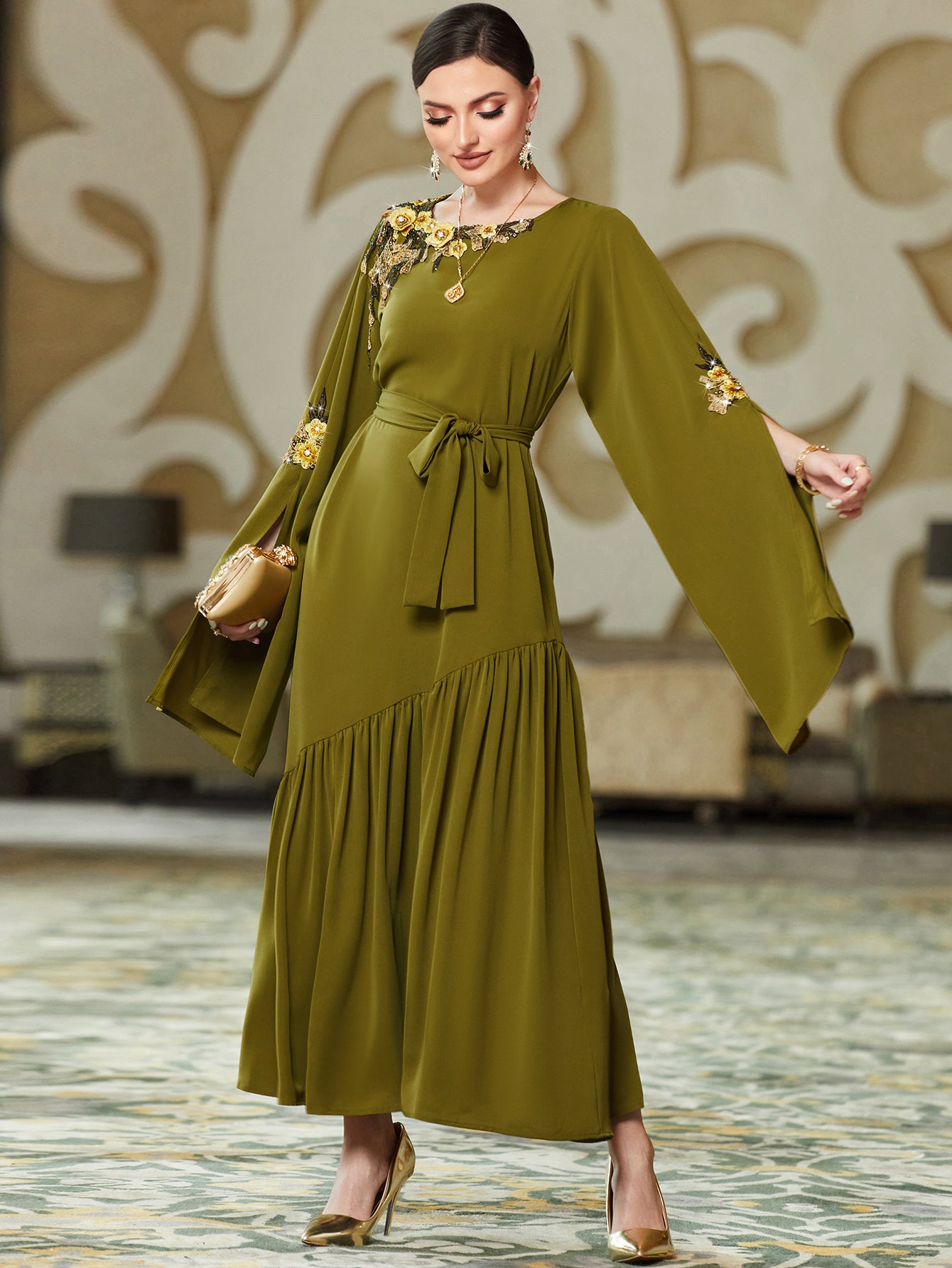 BA3048 Army Green Embroidered Long-Sleeve Dress