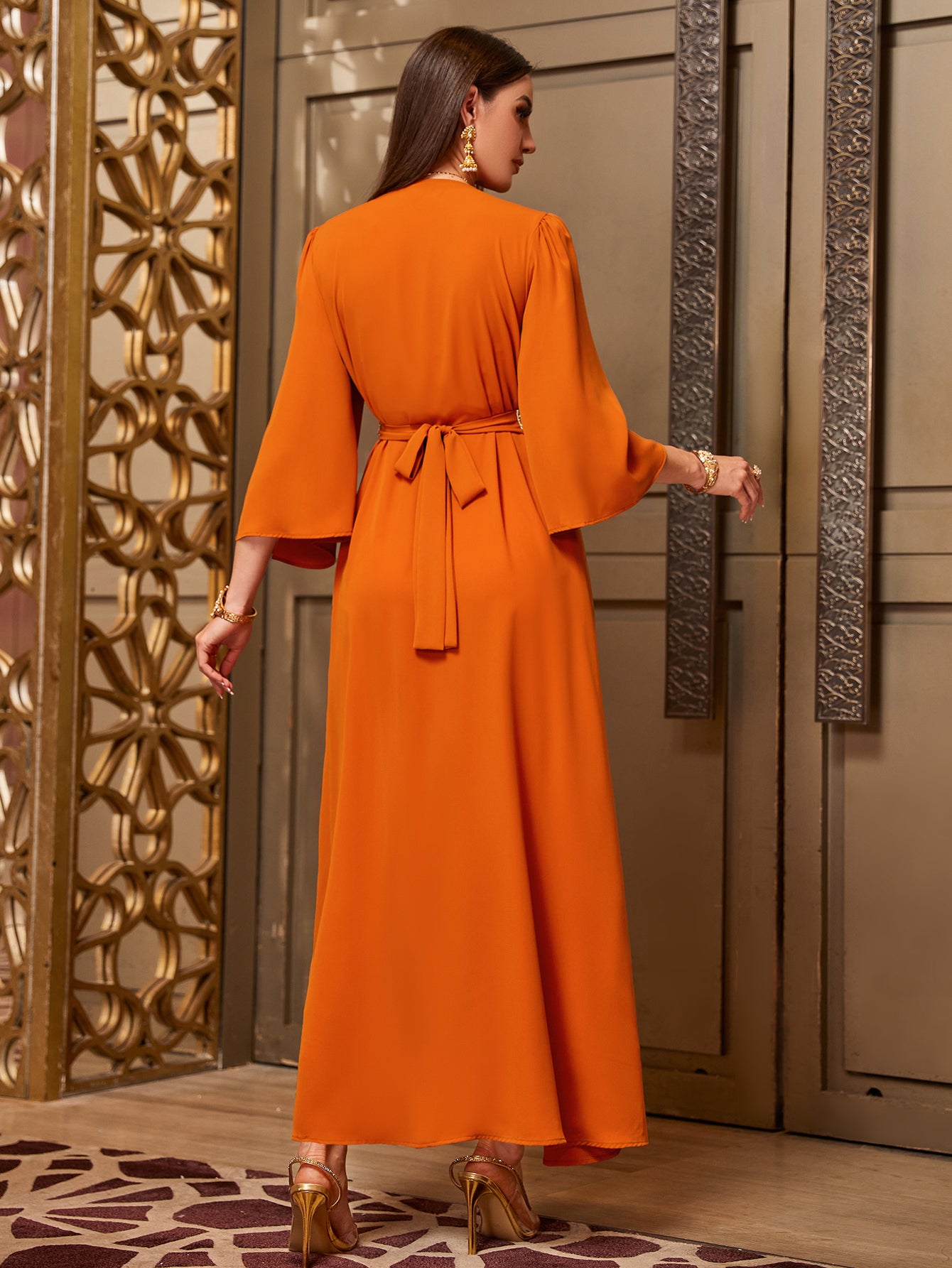 4070 Hand-Swen Bead Embellshments Rhinestone Long Abaya,  Elegant Rmantic Glamorous Vacation Fantasy Short Sleeve