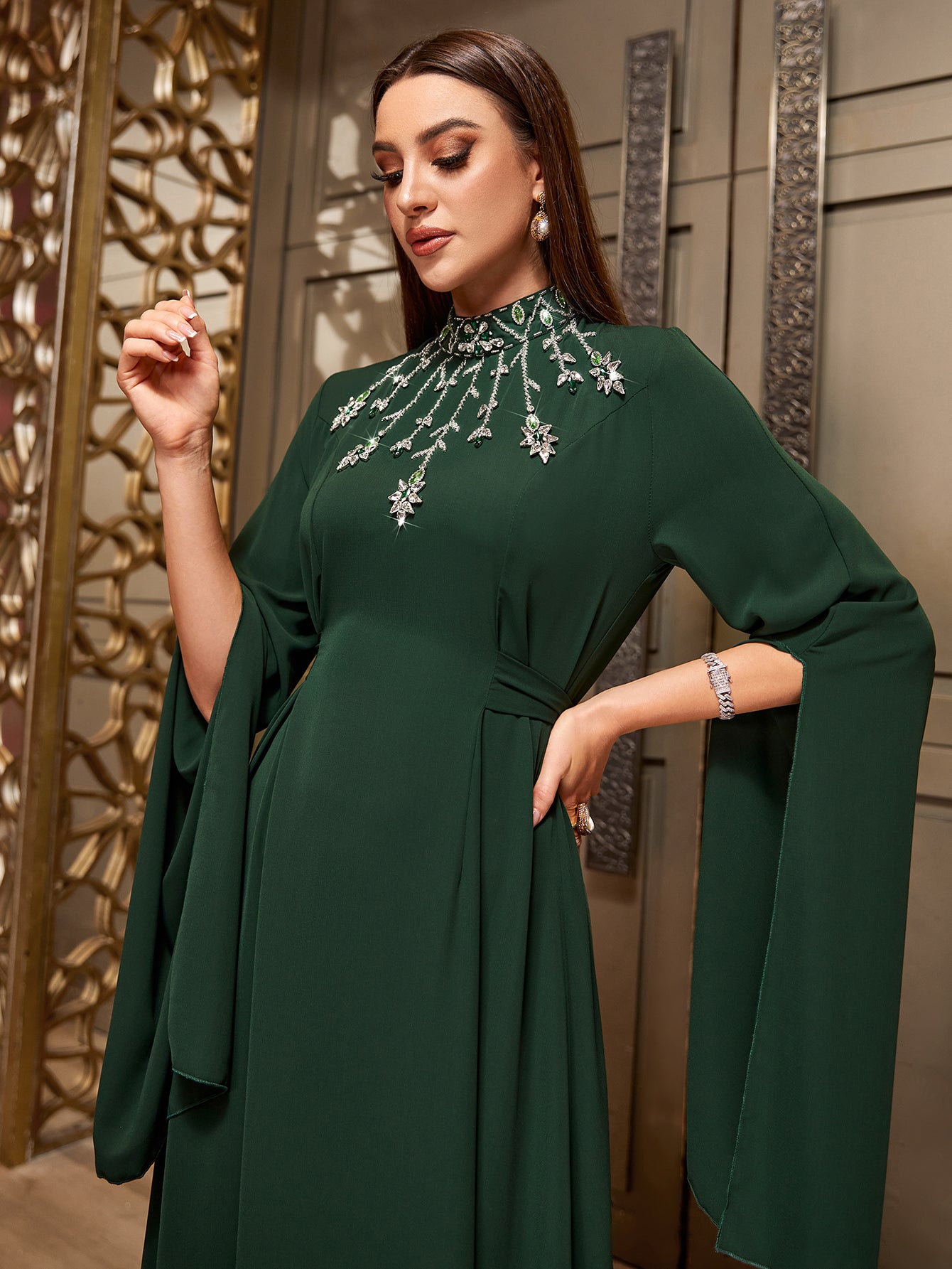 4035 Hand-Swen Bead Embellshments Rhinestone Long Abaya,  Elegant Modest Rmantic Glamorous Vacation Fantasy  Long Sleeve