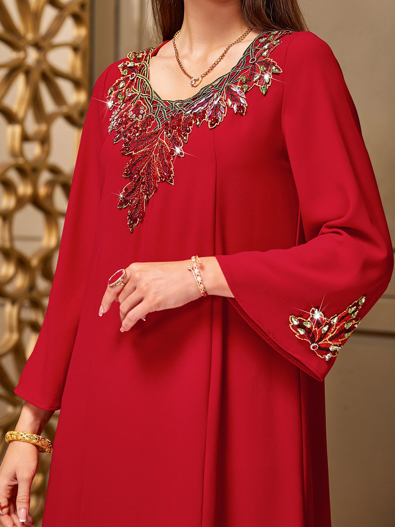 4056 Hand-Swen Bead Embellshments Rhinestone Long Abaya,  Elegant Modest Rmantic Glamorous Vacation Fantasy  Long Sleeve