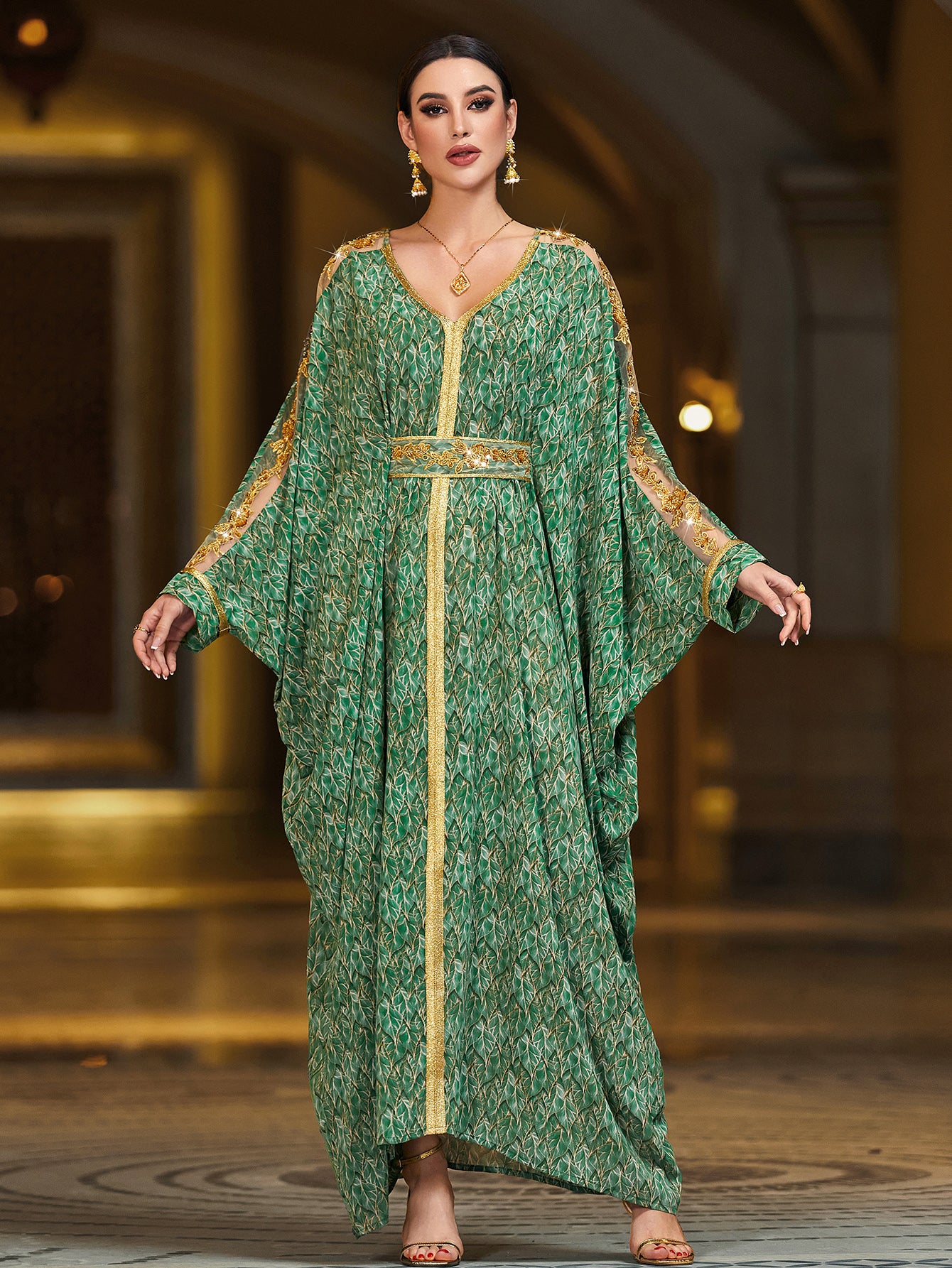 4134 Hand-Swen Bead Embellshments Rhinestone Long Abaya,  Elegant Rmantic Glamorous Vacation Fantasy Long Sleeve