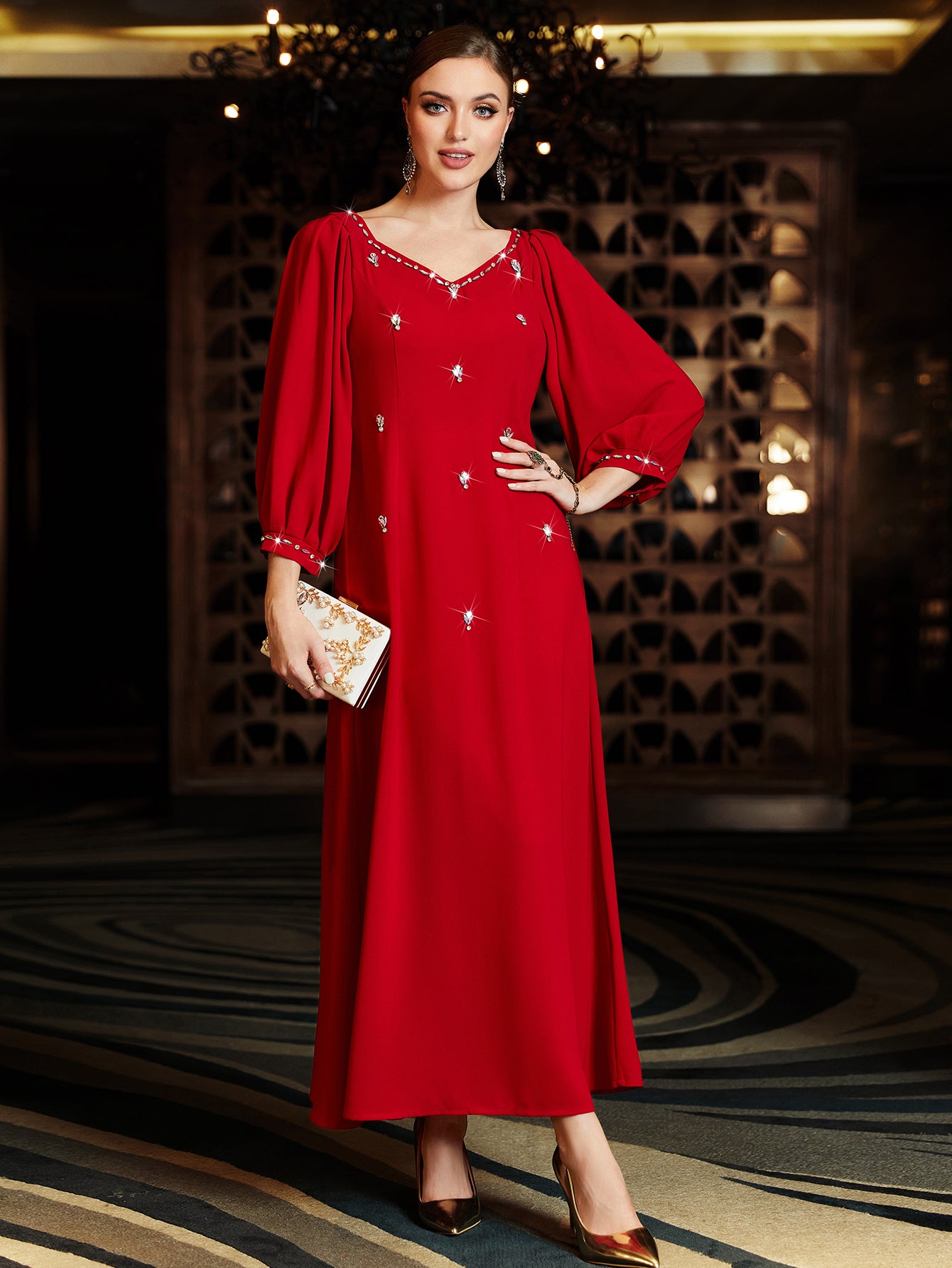 BA3054 Red Rhinestone Lantern-Sleeve Dress