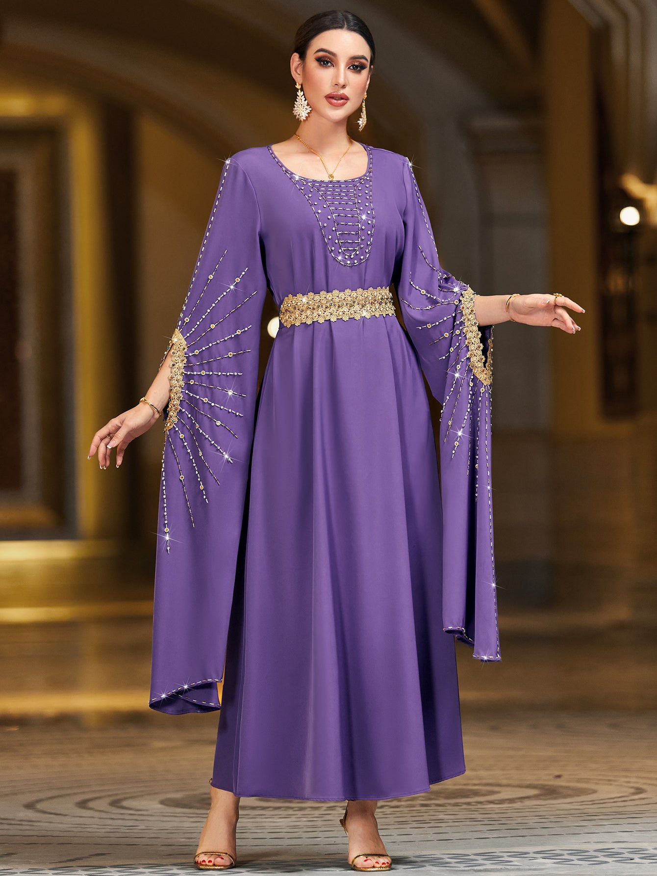 4006 Hand-Swen Bead Embellshments Rhinestone Long Abaya,  Elegant Modest Rmantic Glamorous Vacation Fantasy  Long Sleeve