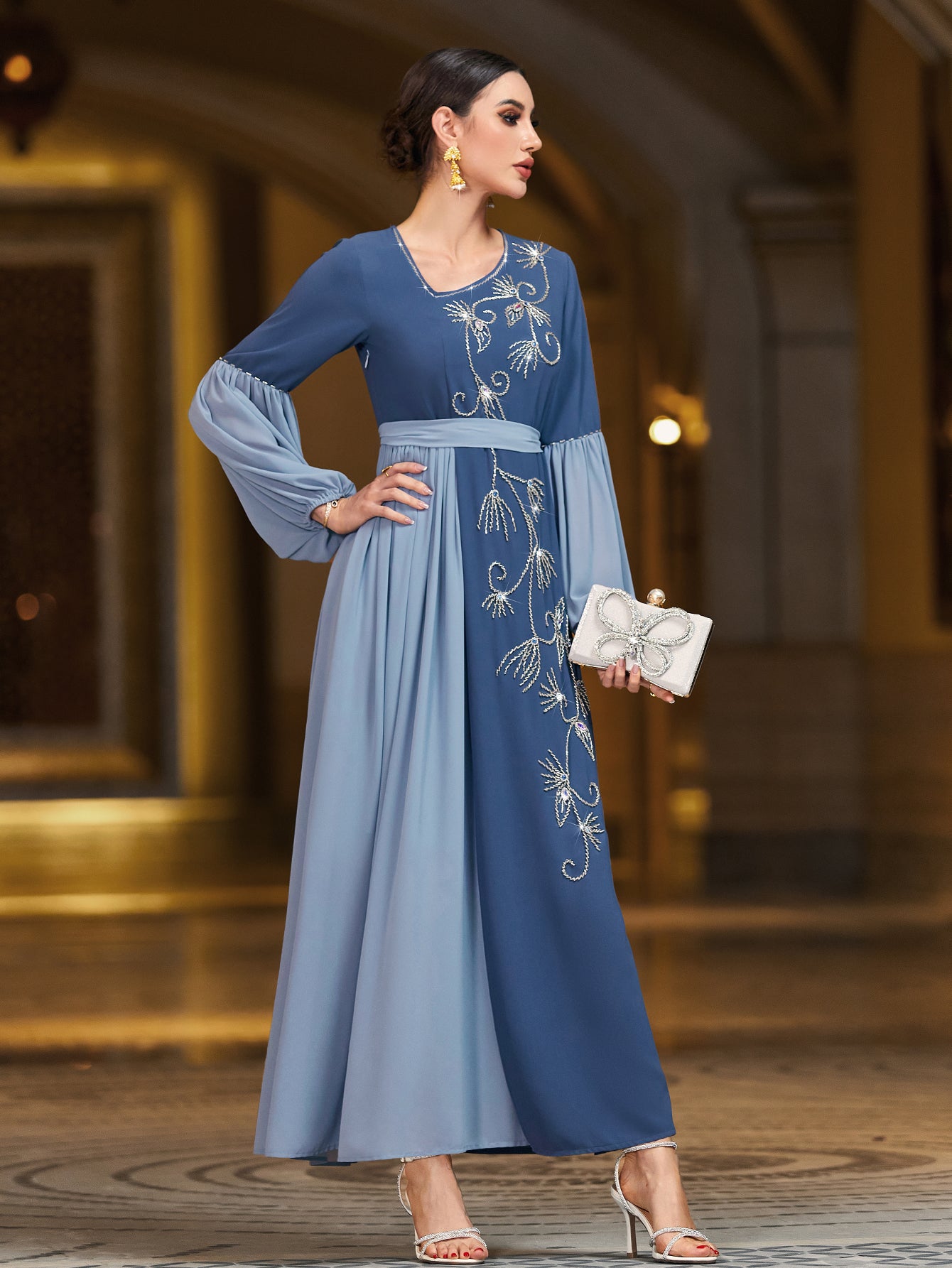 4058 Hand-Swen Bead Embellshments Rhinestone Long Abaya,  Elegant Modest Rmantic Glamorous Vacation Fantasy  Long Sleeve