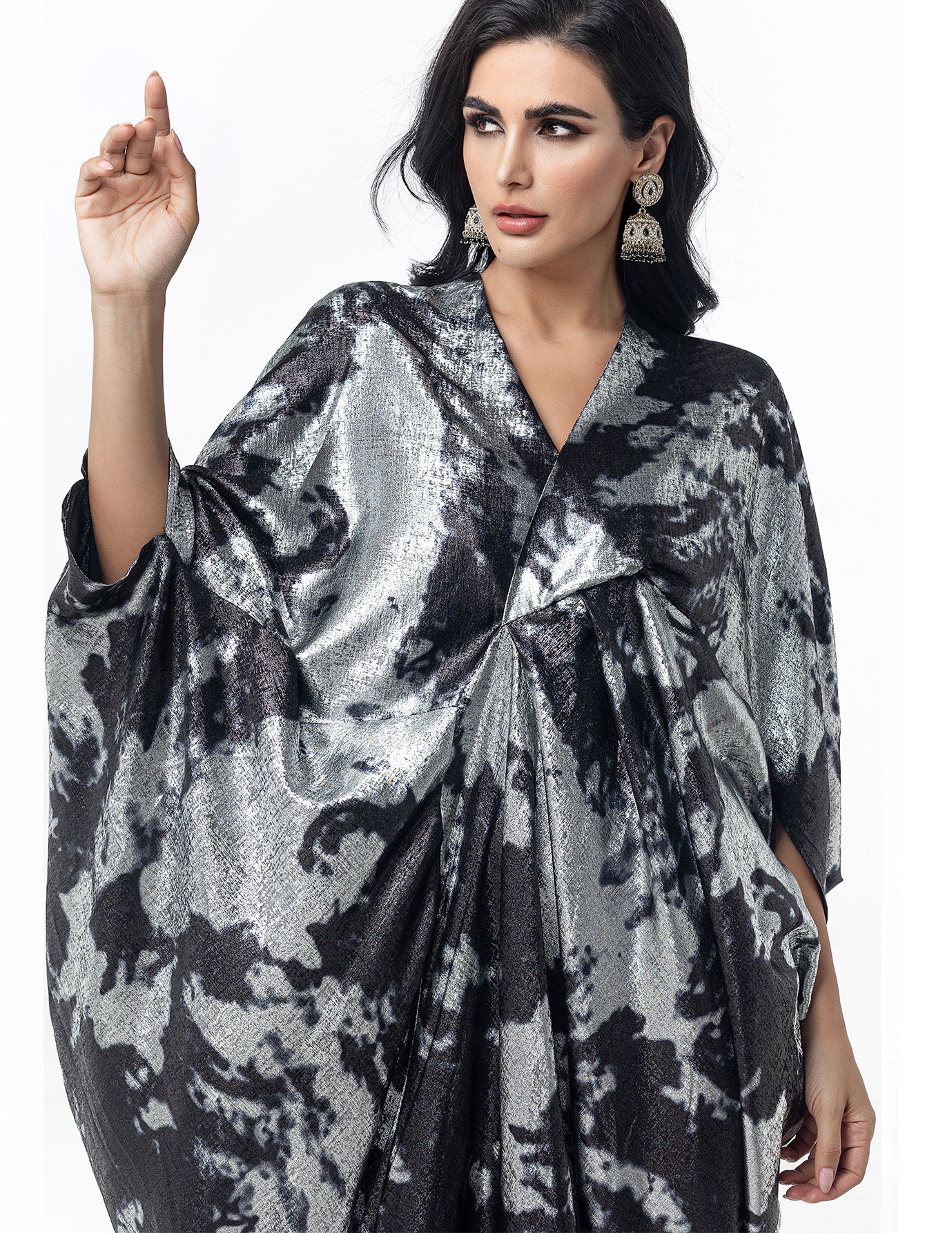 15095 Luxurious Black-Silver Abaya Gown! Shiny Tie-Dye Fabric & Loose Fit, Exuding Grand Aura