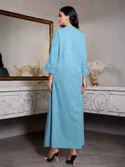 15136 A Must-Have for Detail Lovers! Dusty Blue Abaya Dress with Beaded Tassel Embellishments, Maximizing Delicate Appeal