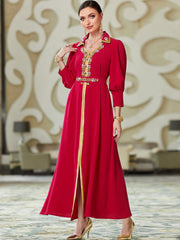 Red Rhinestone-Collar Maxi Dress