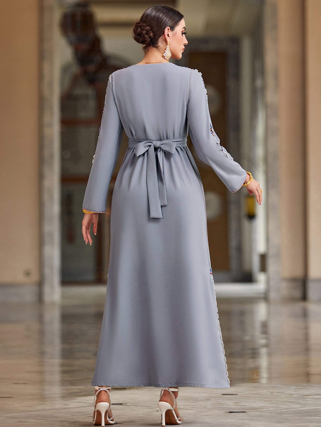 4039 Hand-Swen Bead Embellshments Rhinestone Long Abaya,  Elegant Rmantic Glamorous Vacation Fantasy Long Sleeve