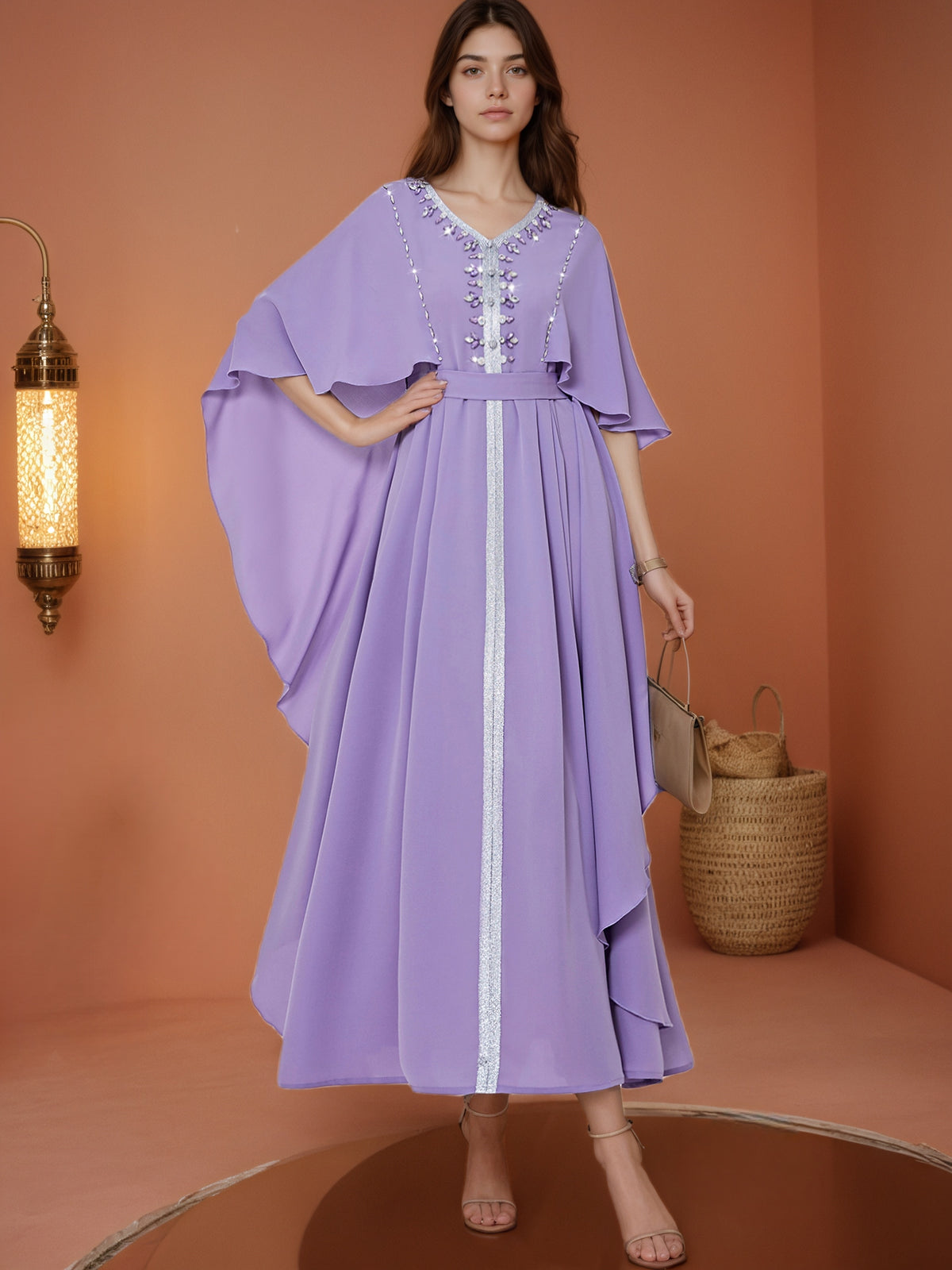Purple Shawl-Collar Wrap Dress