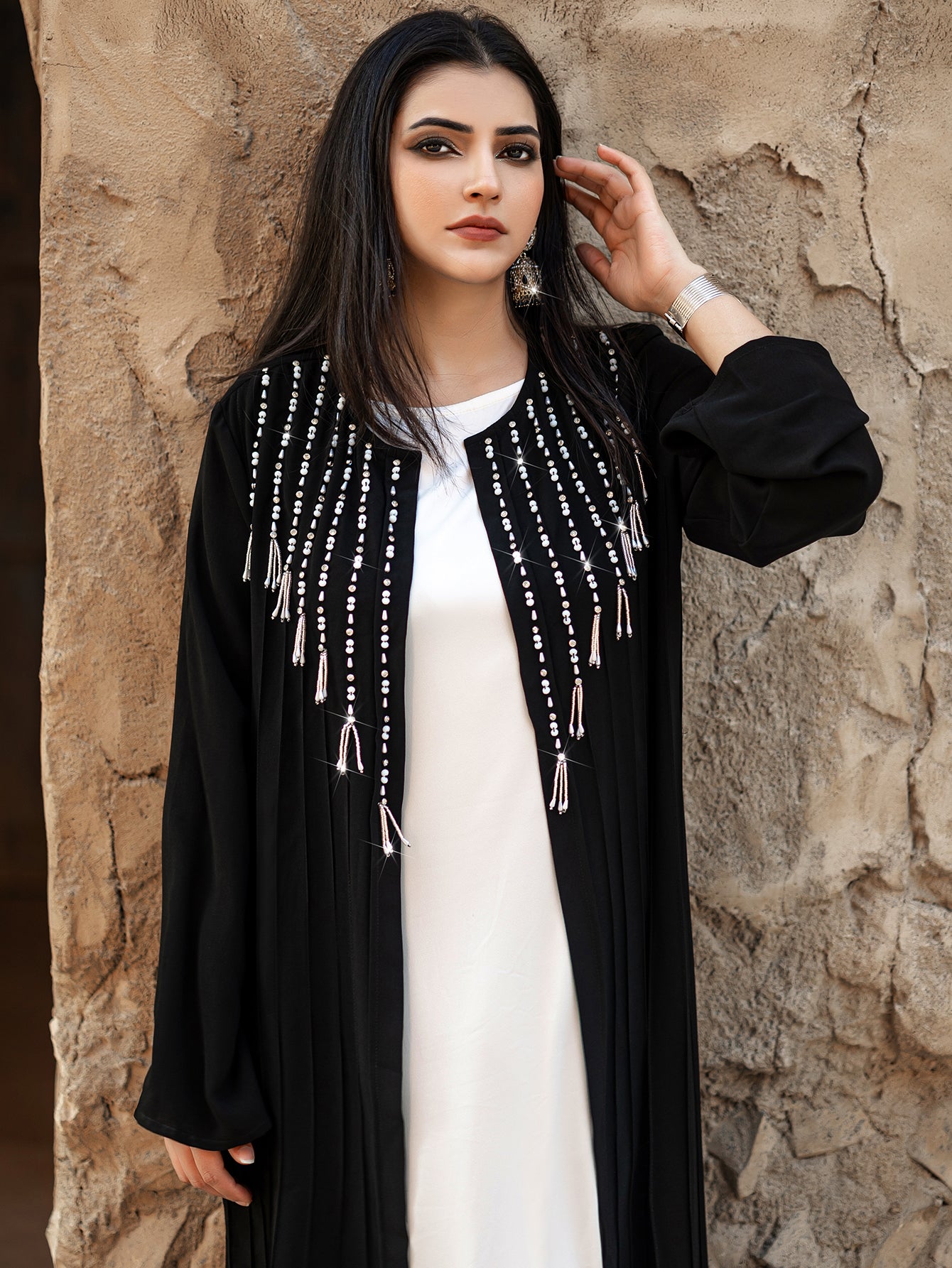 4083 Hand-Swen Bead Embellshments Rhinestone Long Abaya,  Elegant Rmantic Glamorous Vacation Fantasy Long Sleeve