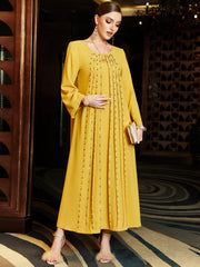 Bright Yellow Striped-Bead Kaftan Dress