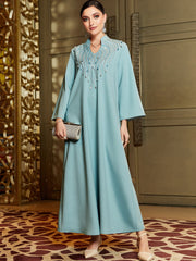 Light Blue Beaded Long-Sleeve Maxi Dress