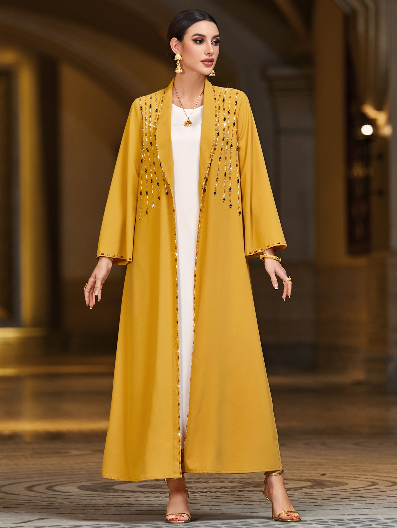 4016 Hand-Swen Bead Embellshments Rhinestone Long Abaya,  Elegant Rmantic Glamorous Vacation Fantasy Long Sleeve