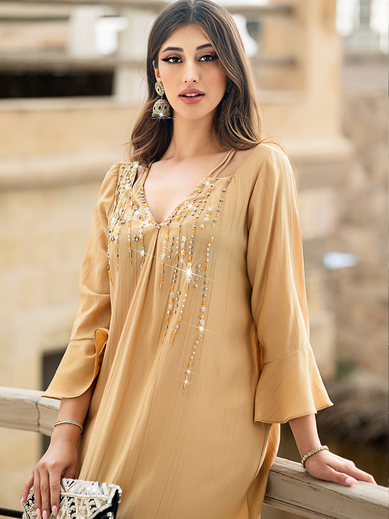 15087 Minimalist Beige Abaya Maxi Dress – Beaded Details Enhance Style, Combining Loose Comfort with Fashion Sense