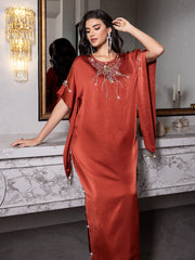 15140 Burgundy Silk Abaya Dress – Glittering Bead Embellishments & High Slit, Exude Luxurious Aura in Formal Events