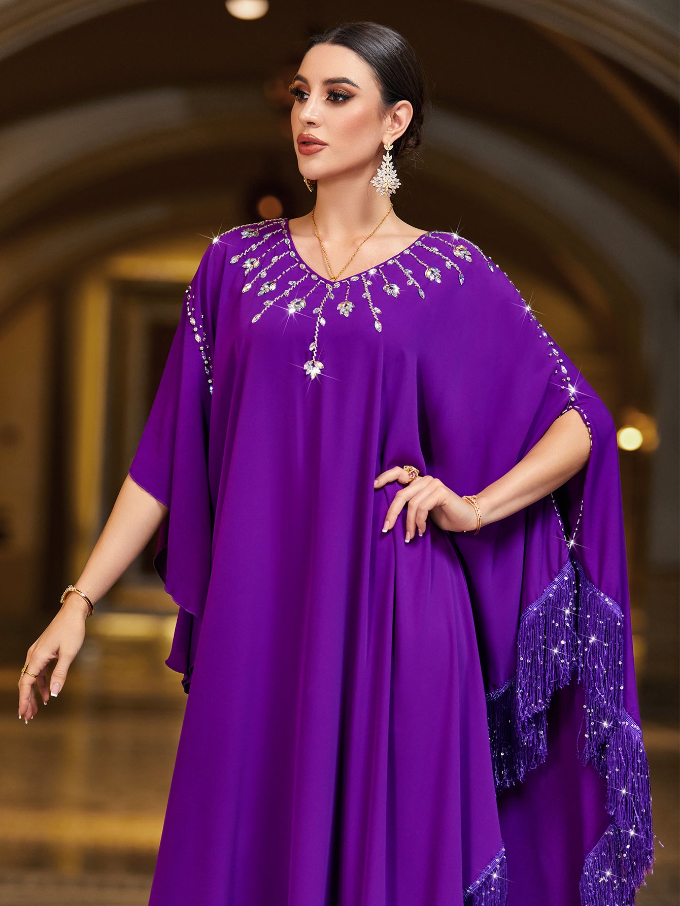 4144 Hand-Swen Bead Embellshments Rhinestone Long Abaya,  Elegant Rmantic Glamorous Vacation Fantasy Short Sleeve
